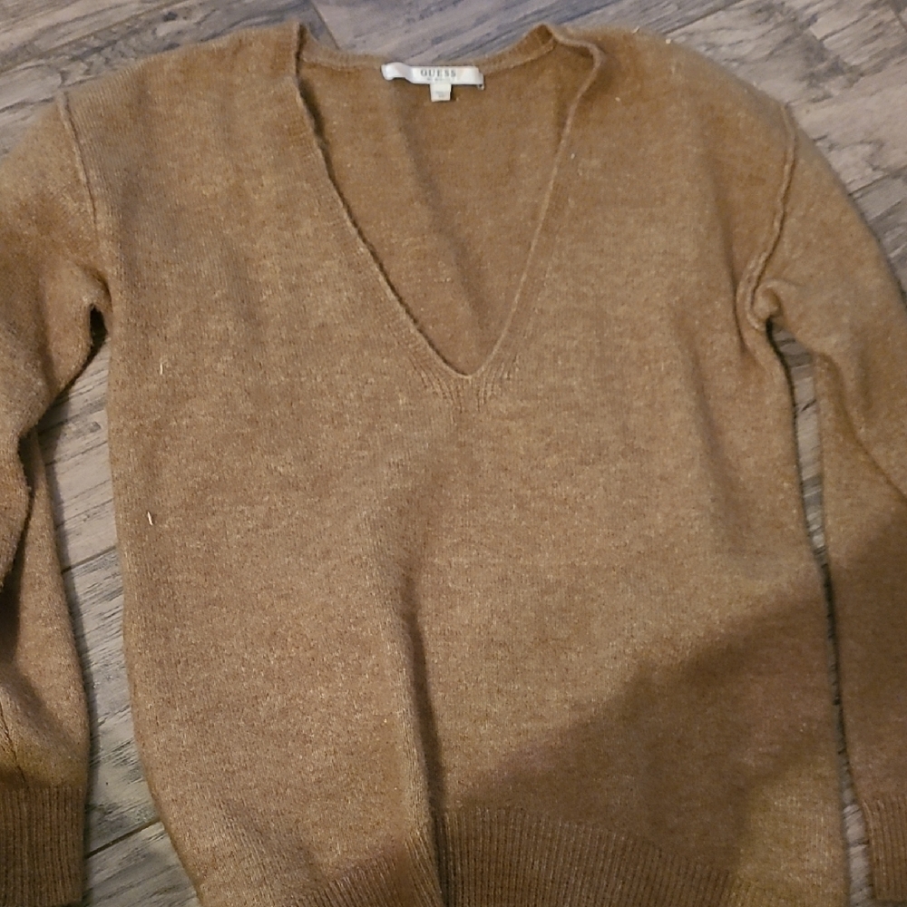 Guess Brown V-Neck Sweater Classic Knit Design
